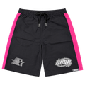 Black athletic shorts with bright pink side stripes, featuring a drawstring waist, a stylized white graphic logo on the left leg, and a 'DUAQ' logo patch on the right leg.