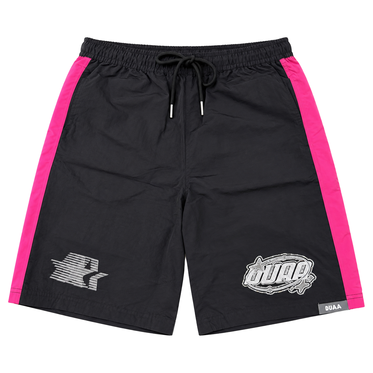 Black athletic shorts with bright pink side stripes, featuring a drawstring waist, a stylized white graphic logo on the left leg, and a 'DUAQ' logo patch on the right leg.