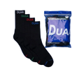 Four pairs of black crew socks with colorful DUAA branding in white, green, red, and blue, shown next to their blue packaging bag on a white background.