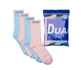 Four pairs of DUAA cushion crew socks in pastel blue and pink, shown with one sock unfolded and three folded pairs fanned out next to their blue branded packaging bag. The brand name 'DUAA' is visible on the socks and packaging.