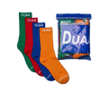 Four pairs of colorful socks with 'DUAA' branding on a blue background.