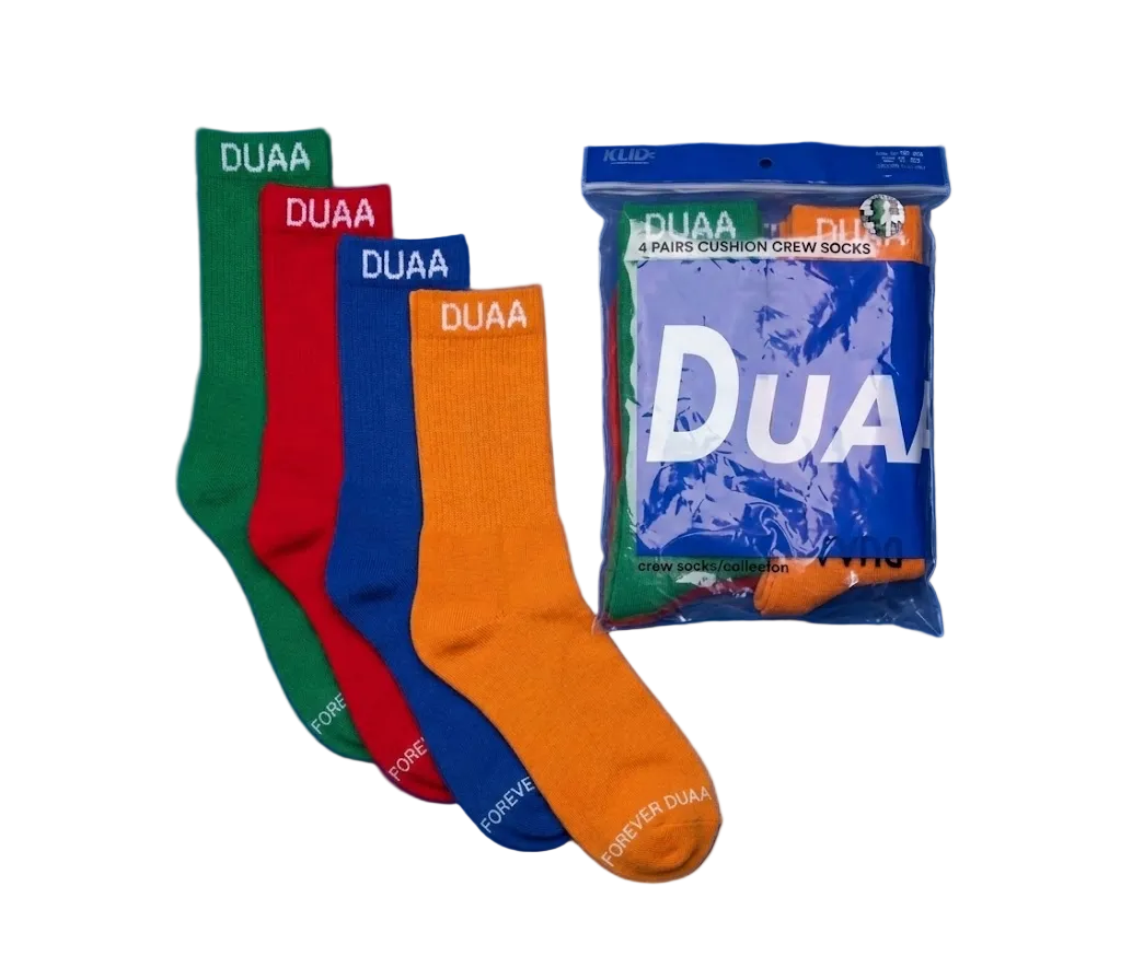 Four pairs of colorful socks with 'DUAA' branding on a blue background.