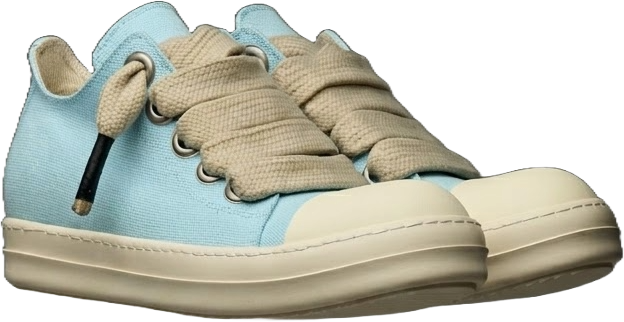 Light blue and beige DUAA sneakers with tied laces on a white background
