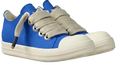 A pair of DUAA low-top canvas sneakers in vibrant blue with thick, textured beige laces, cream rubber toe caps, and off-white soles, shown against a plain white background.