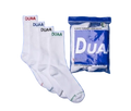 White socks with 'DUAA' branding on a blue background