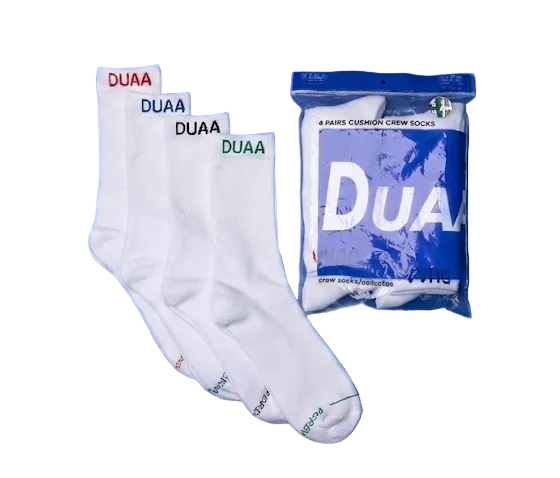 White socks with 'DUAA' branding on a blue background